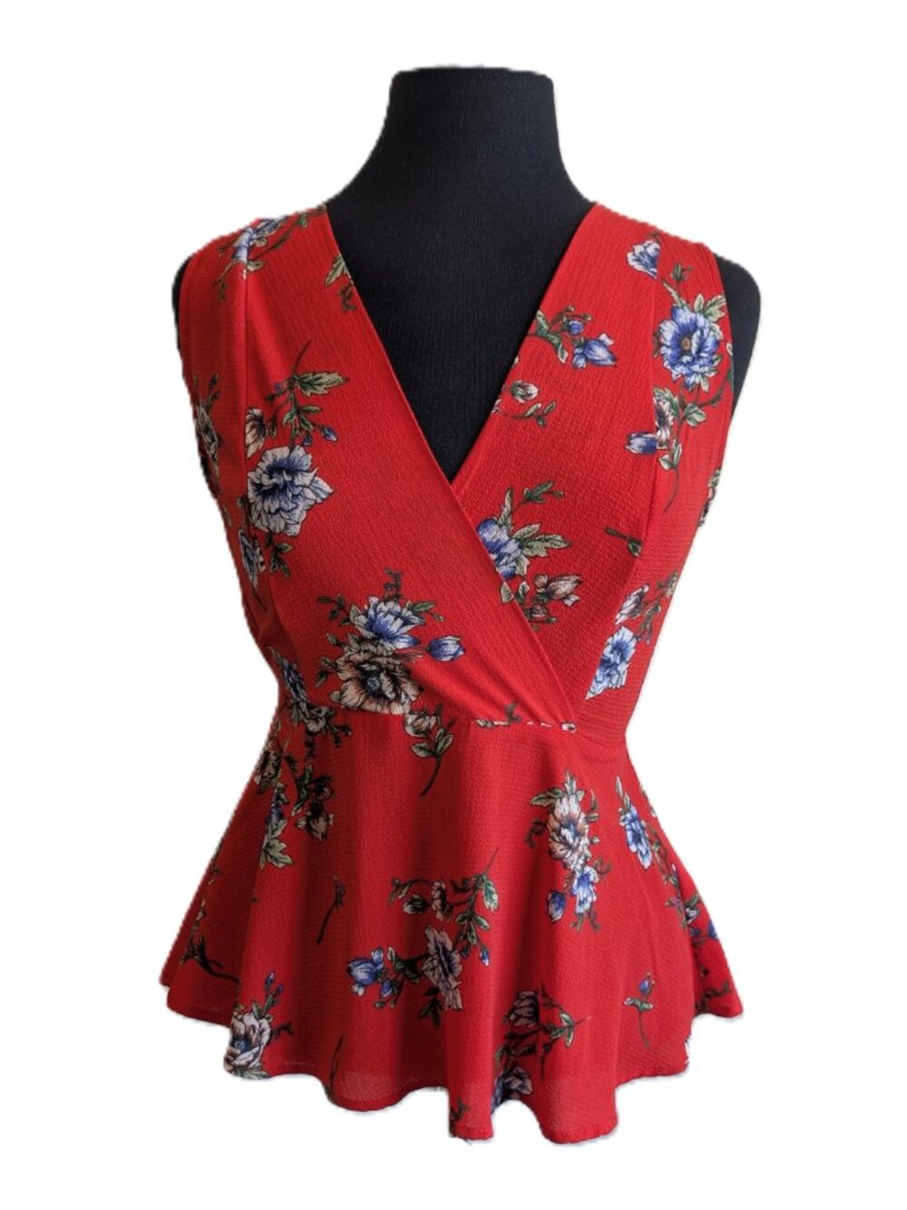 2/$30 Monteau Los Angeles Red Floral Wrap-Front Top | Medium